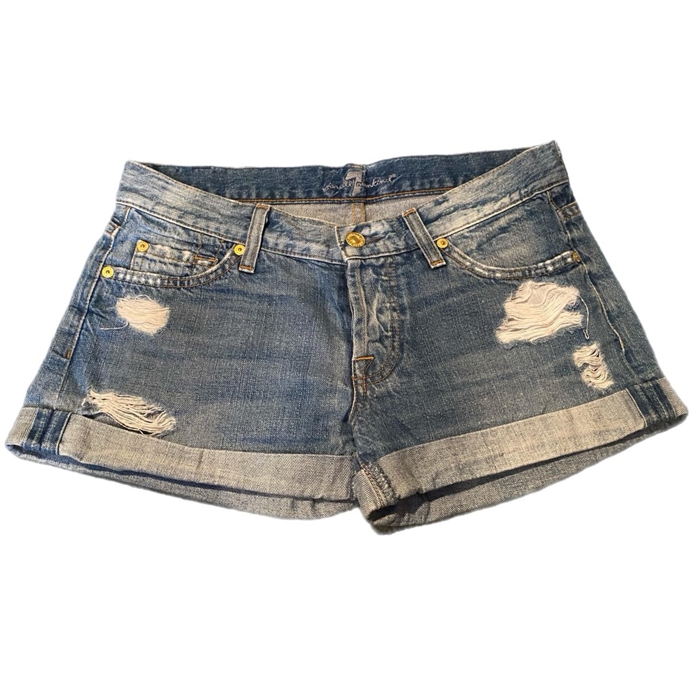 7 For All Mankind Denim Cuffed Ripped Shorts Light Wash Sz 25